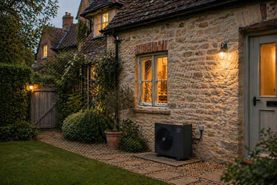 eco-airMAX domestic air source heat pump installed on a stone cottage wall