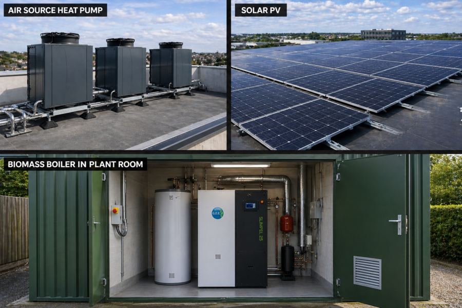 Air source heat pumps, solar PV and a biomass boiler plant room on one commercial site