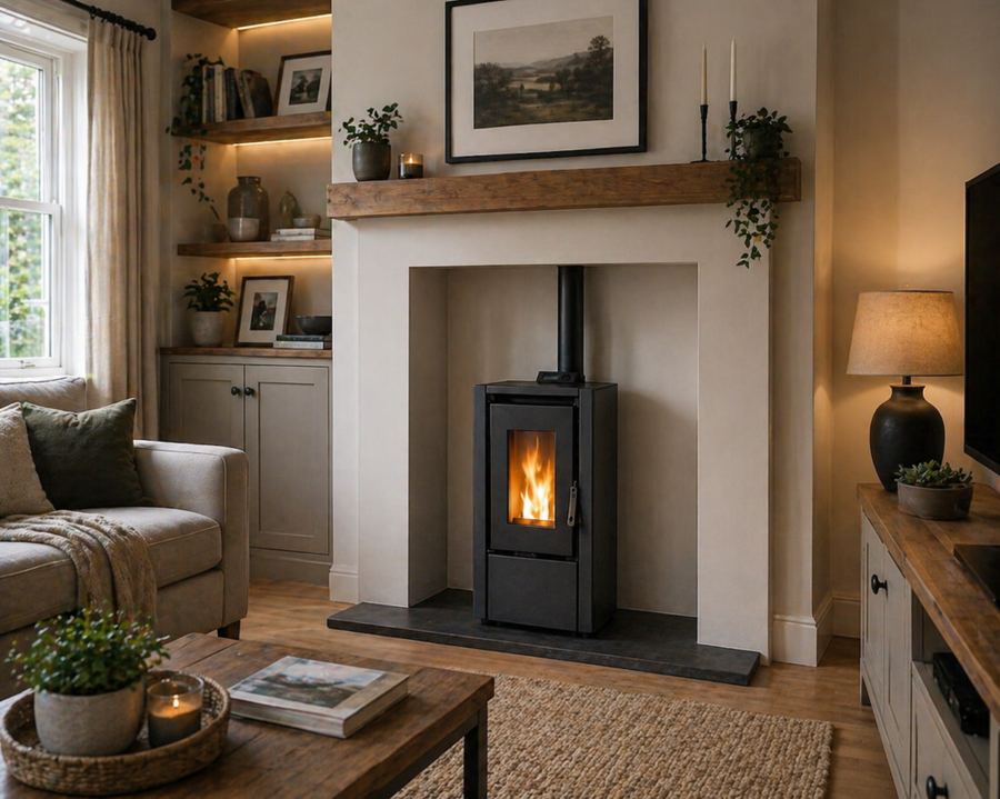 Wood pellet stove with visible flame