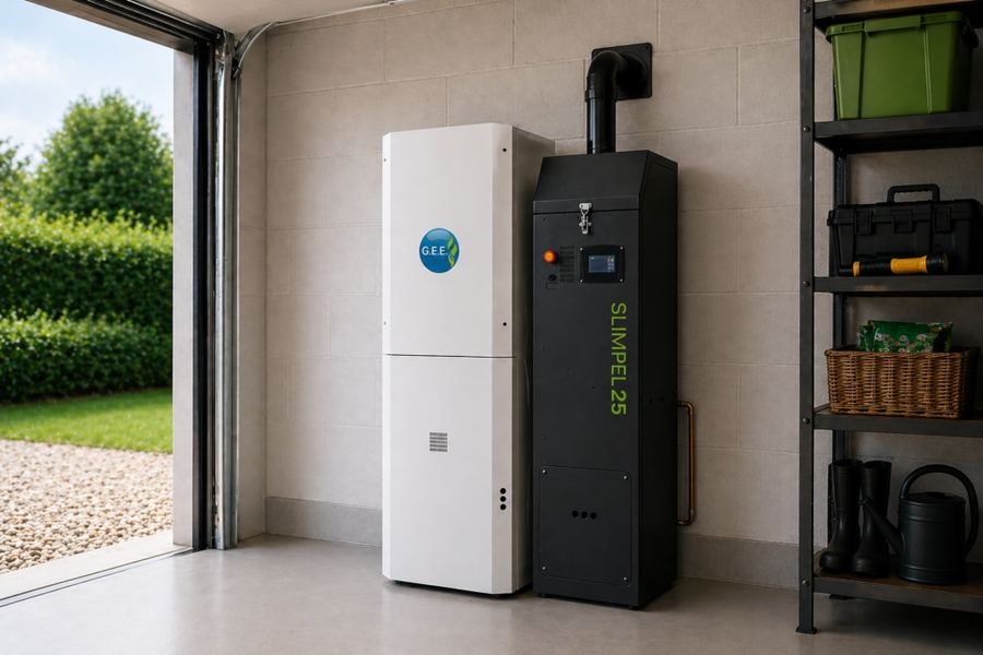 Slimpel wood pellet boiler installed in a garage plant room